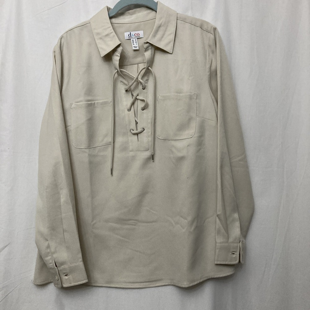 Denim & Co. Ivory Lace-Up Long Sleeve Top w/Dual Chest Patch Pockets - SZ M